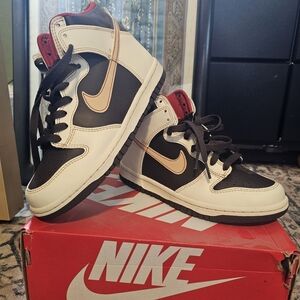 Nike Dunk High Black and Cream with Red Accents